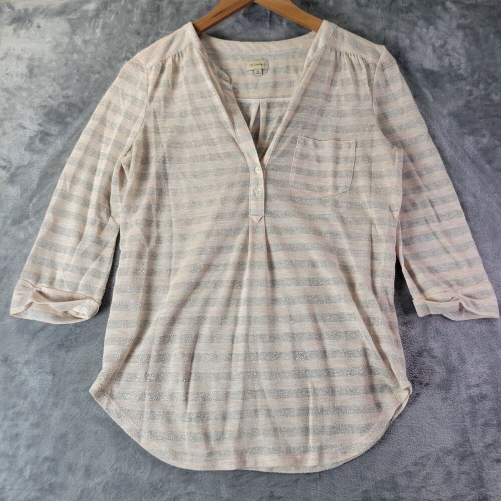 Cremieux Womens XS‎ Beige Silver Striped Henley Top 3/4 Sleeve Casual Sparkle